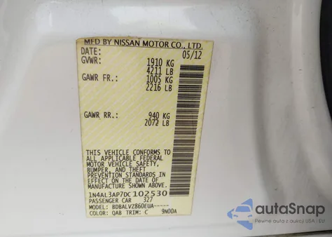 2013 Nissan Altima 2.5 Sl из США, поврежденный, VIN 1N4AL3AP7DC102530